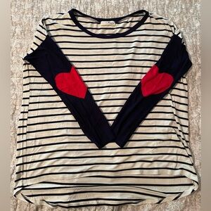 Cute Valentines tshirt. Navy and cream stripe with red heart on elbows.